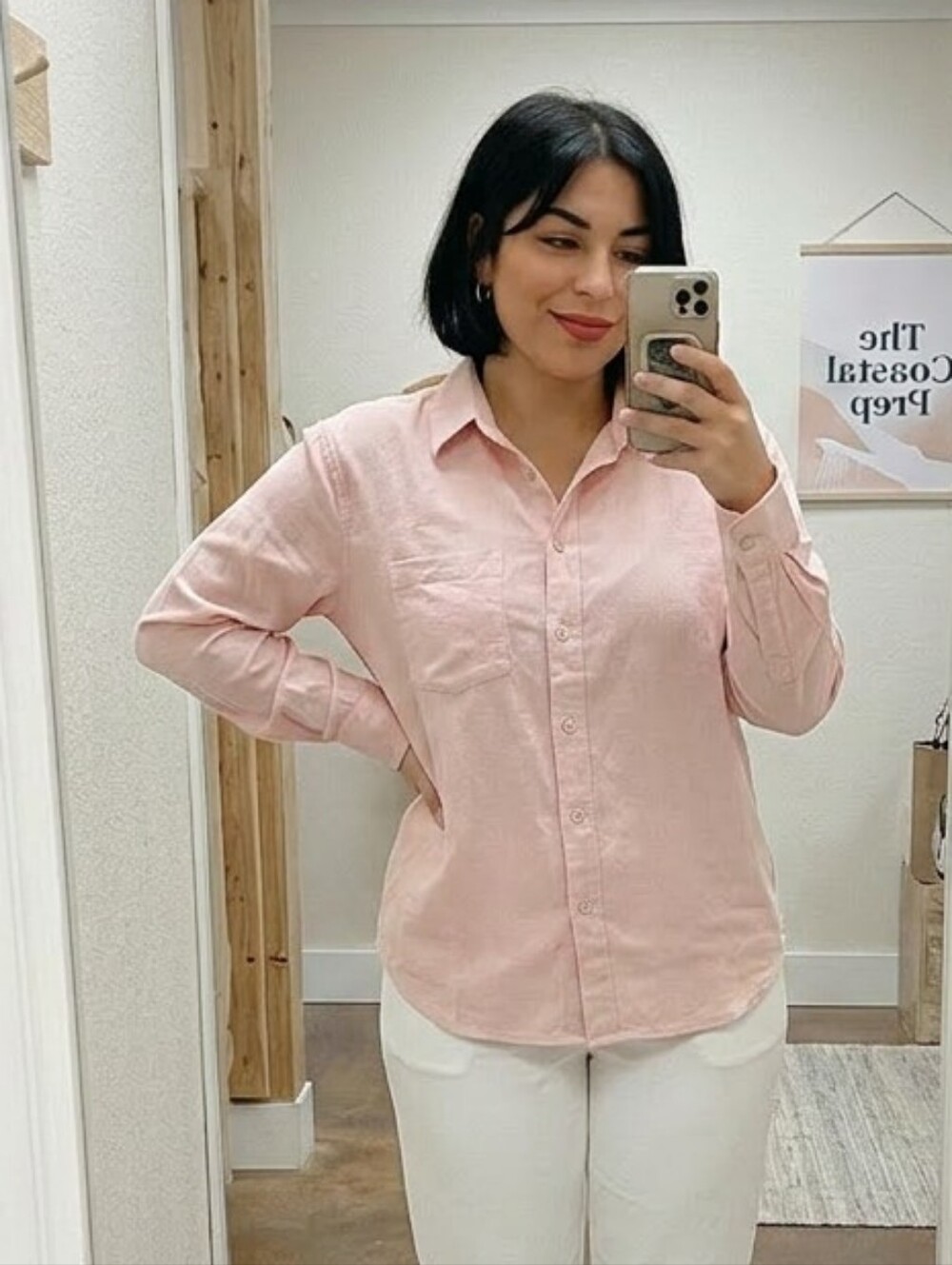 Active USA Long Sleeve Pink Linen Blend Button Front Collared Shirt